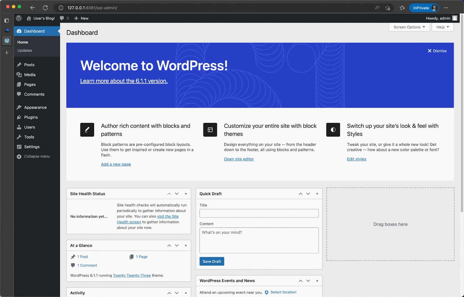Screenshot showing WordPress dashboard