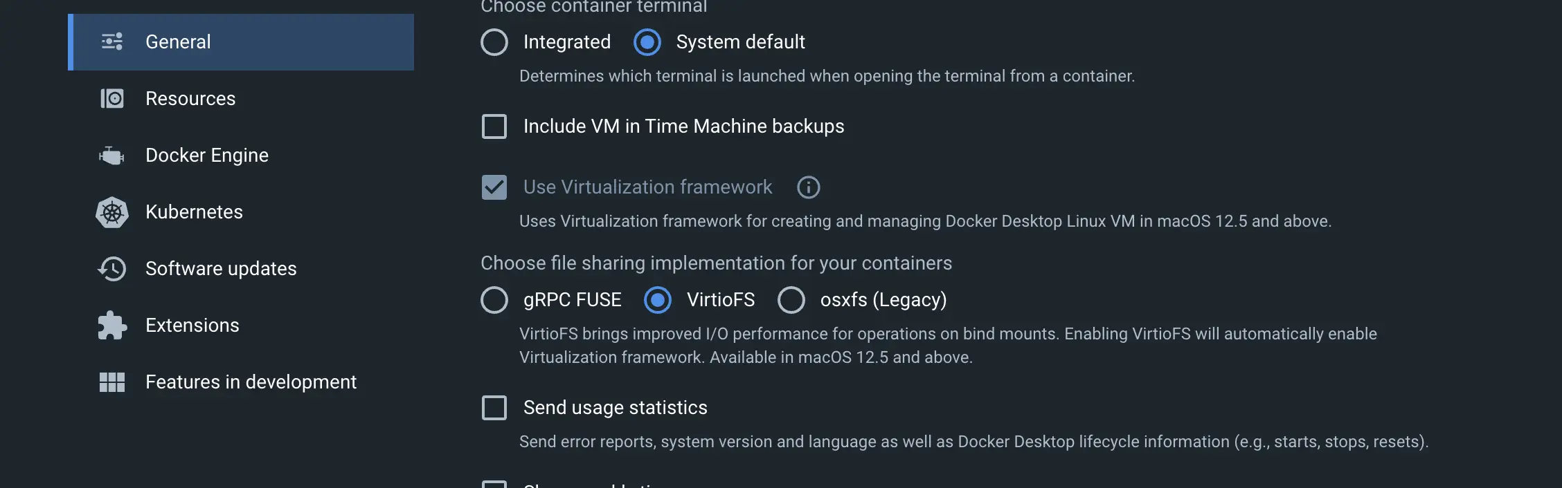 Screenshot showing Docker desktop with VirtioFS