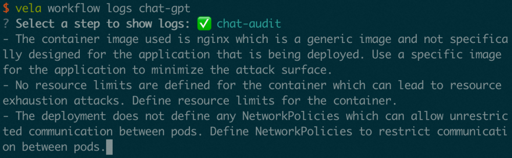 vela workflow logs chat-gtp