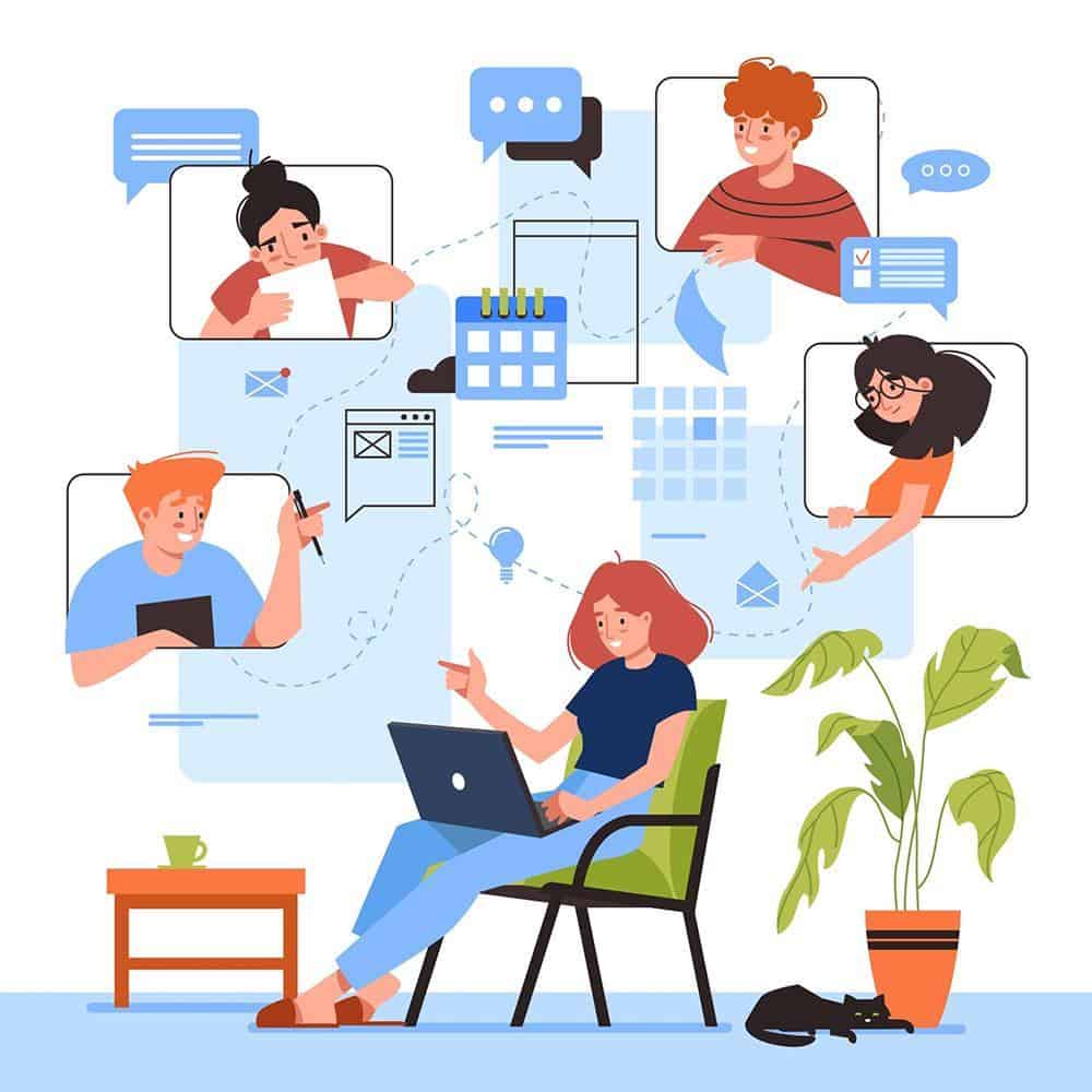 Illustration image showing people are connected with internet (working remotely)