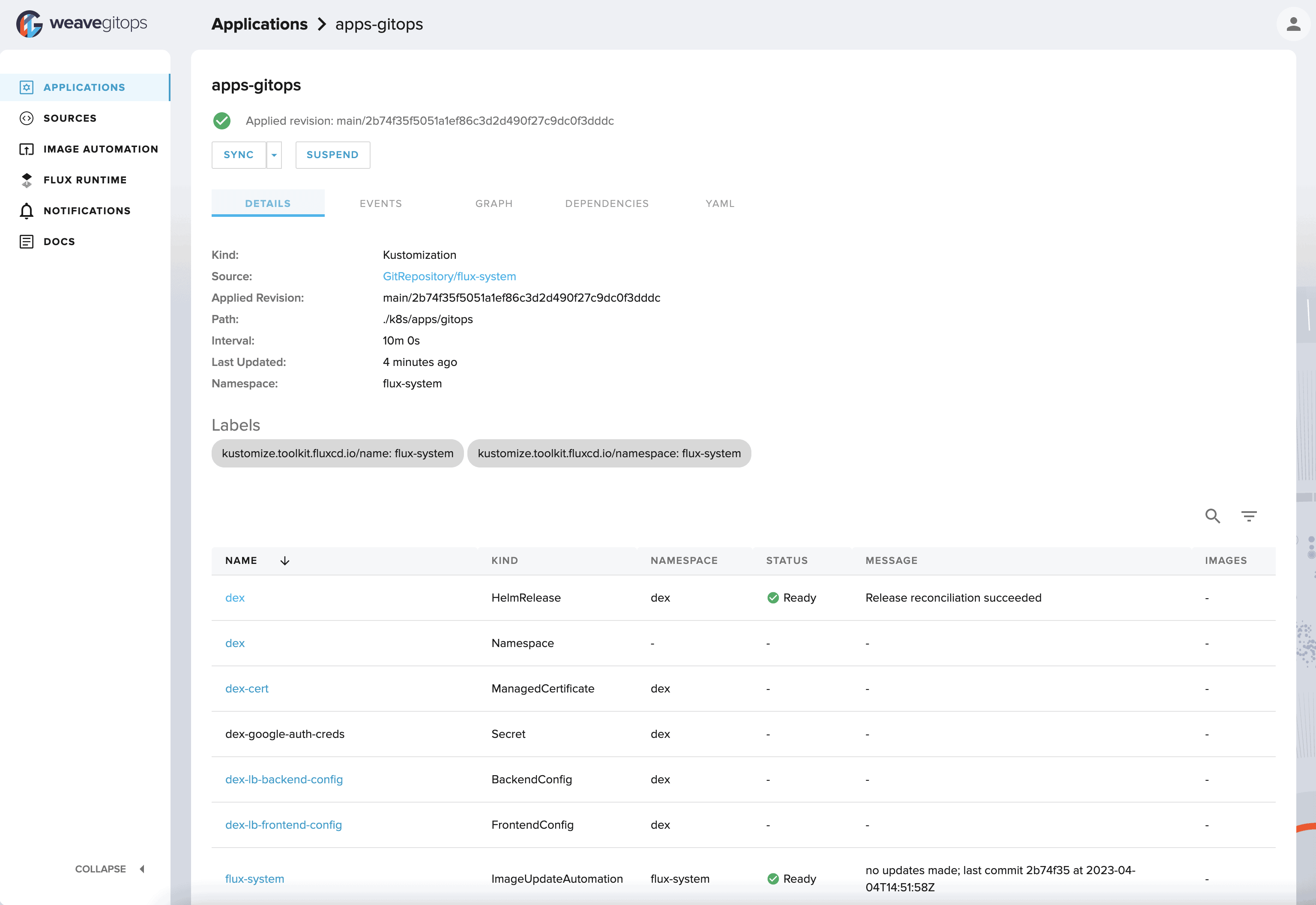 Screenshot showing weavegitops dashboard on applications page > apps-gitops