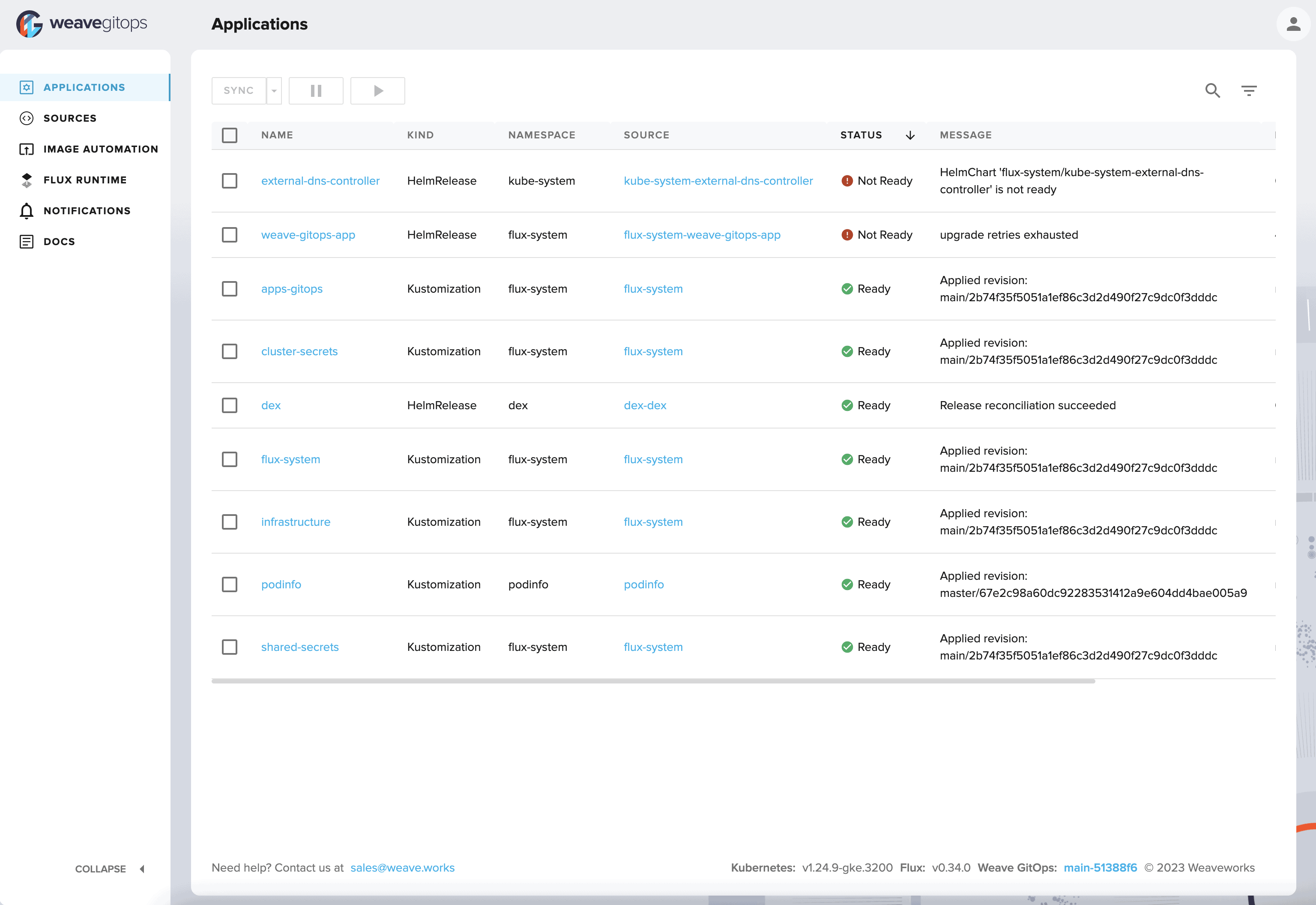 Screenshot showing weavegitops dashboard on applications page