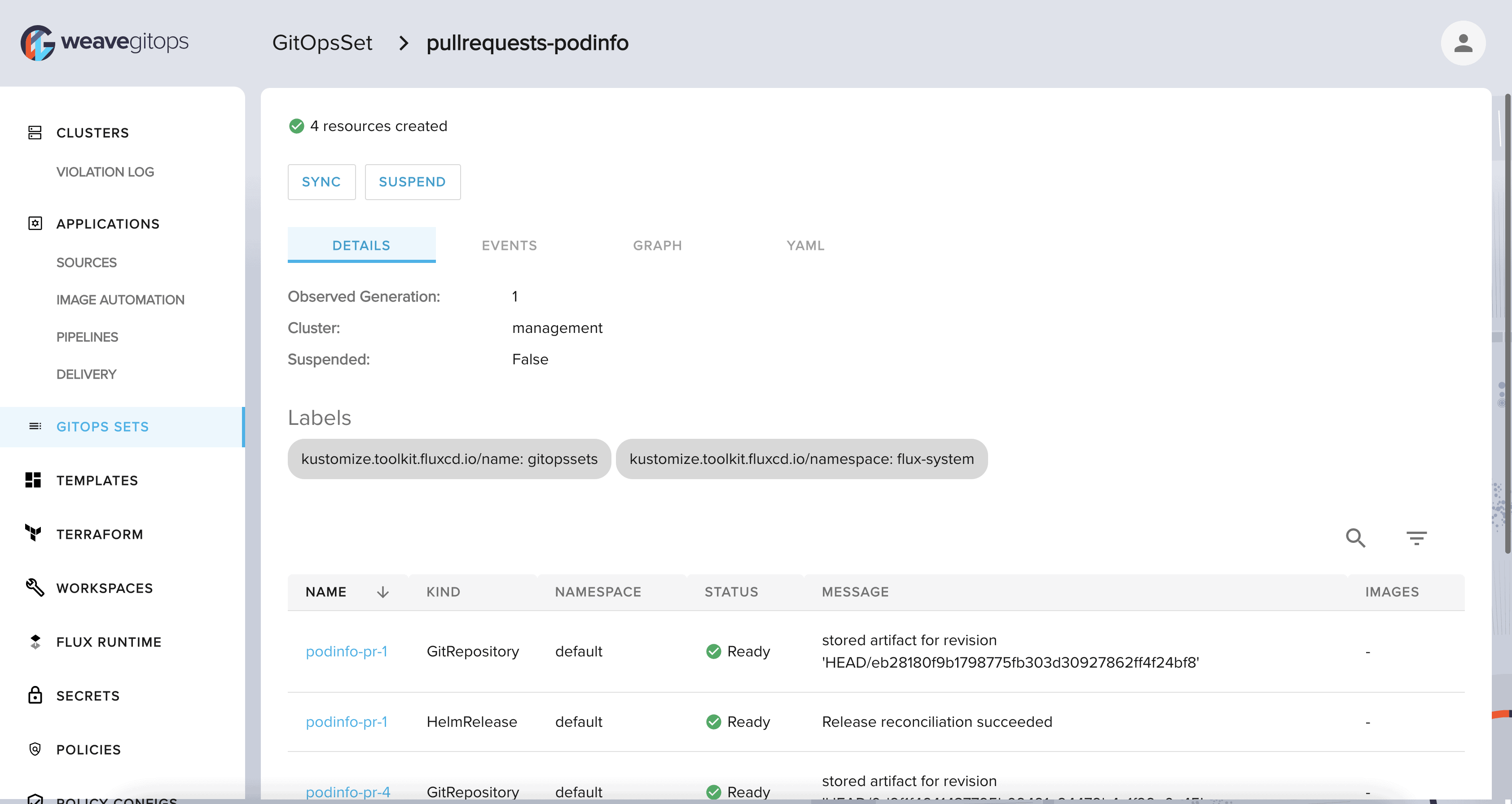 Screenshot showing weavegitops dashboard showing GitOpsSet > pullrequests-podinfo page