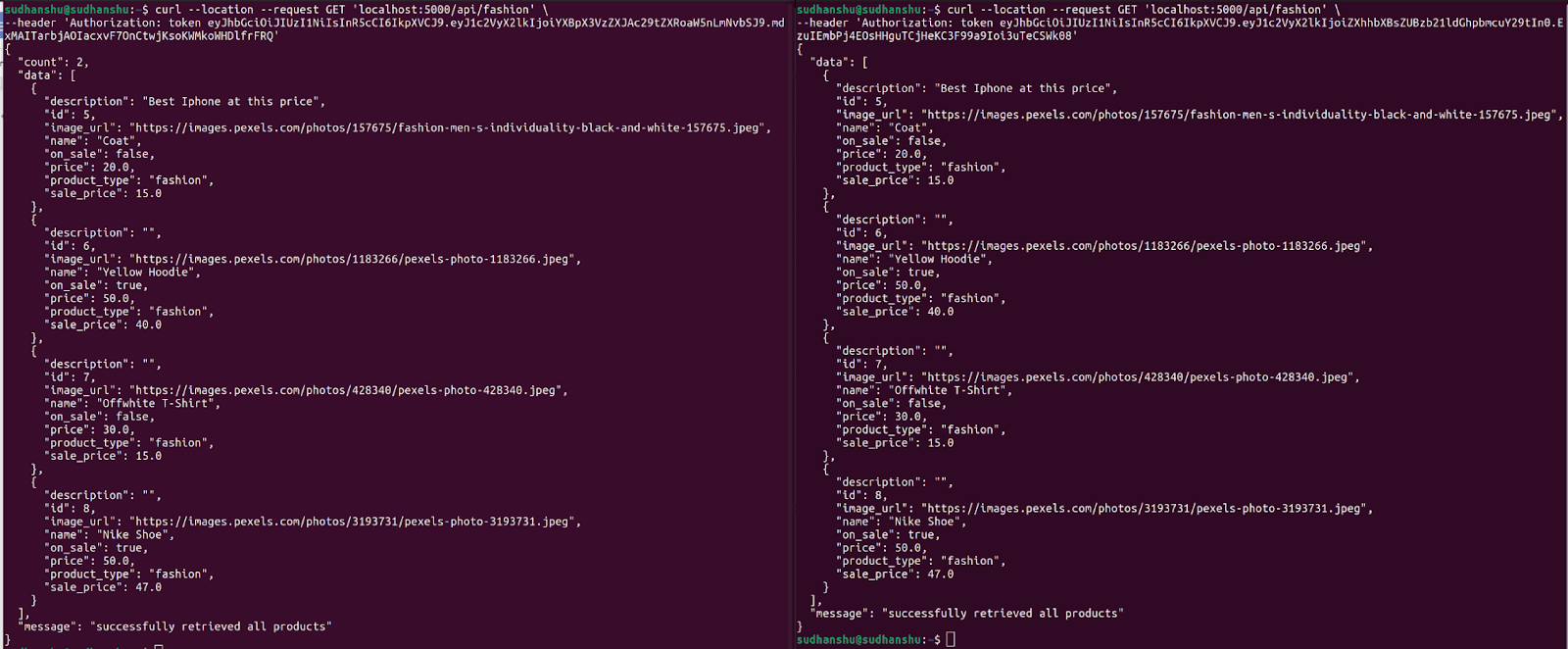 API response comparision for two users