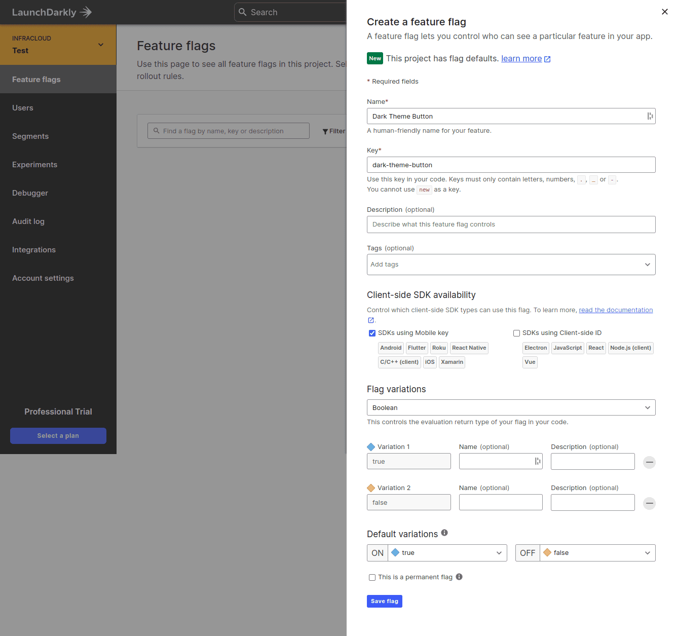Screenshot showing LaunchDarkly create a feature flag with dark theme button