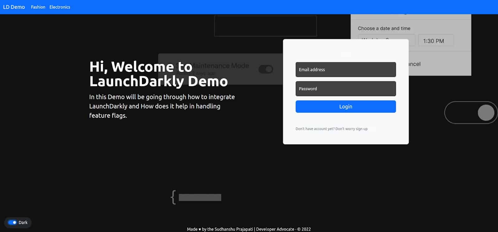 Screenshot showing LaunchDarkly Demo in dark mode welcome page, and a toggle at the right hand side being turned on