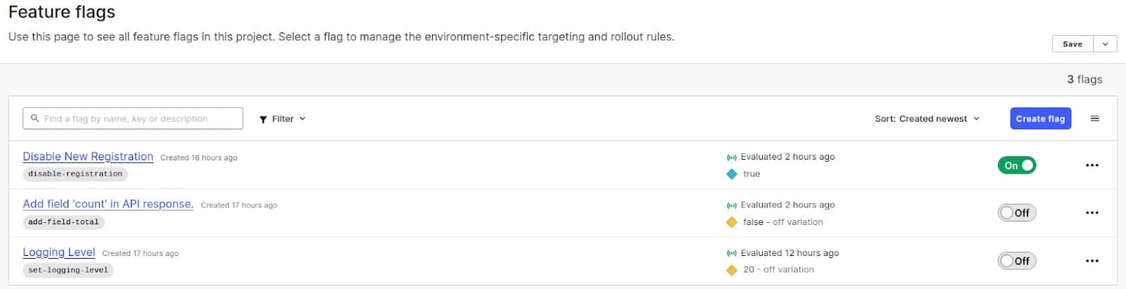 Screenshot showing feature flags page feature, disable new registration, toggle on, add field 'count' in API response, toggle off, logging level, toggle off