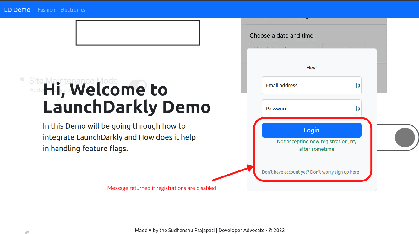 Screenshot showing LD Demo login page saying "not accepting new registration, try after sometime"
