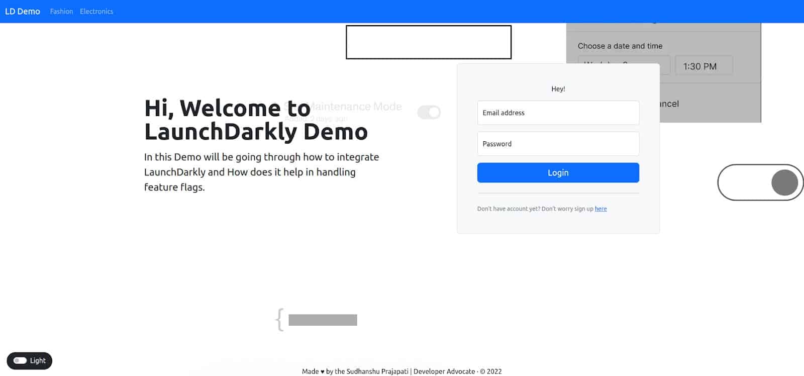 Screenshot showing LaunchDarkly Demo welcome page, and a toggle at the right hand side