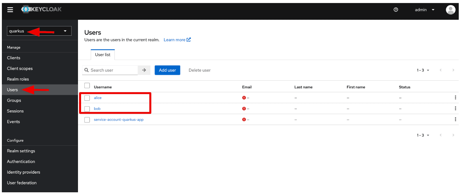 Figure 7. Users in Keycloak Admin Console