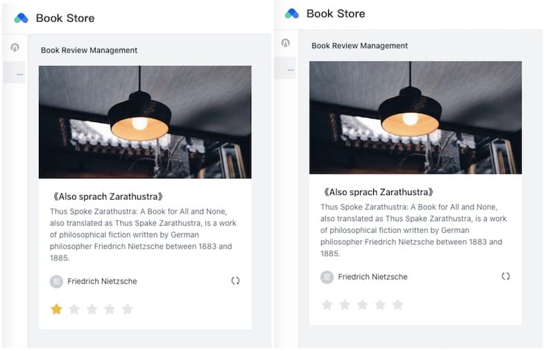 Screenshot showing difference between 2 posts on Book Review Management, left side image showing 1 star rating, right side image showing no rating