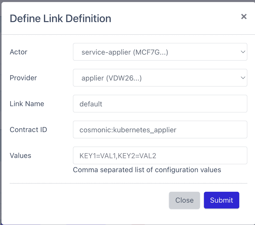 Screenshot showing Define Link Definition window, contract ID: cosmonic:kubernetes_applier