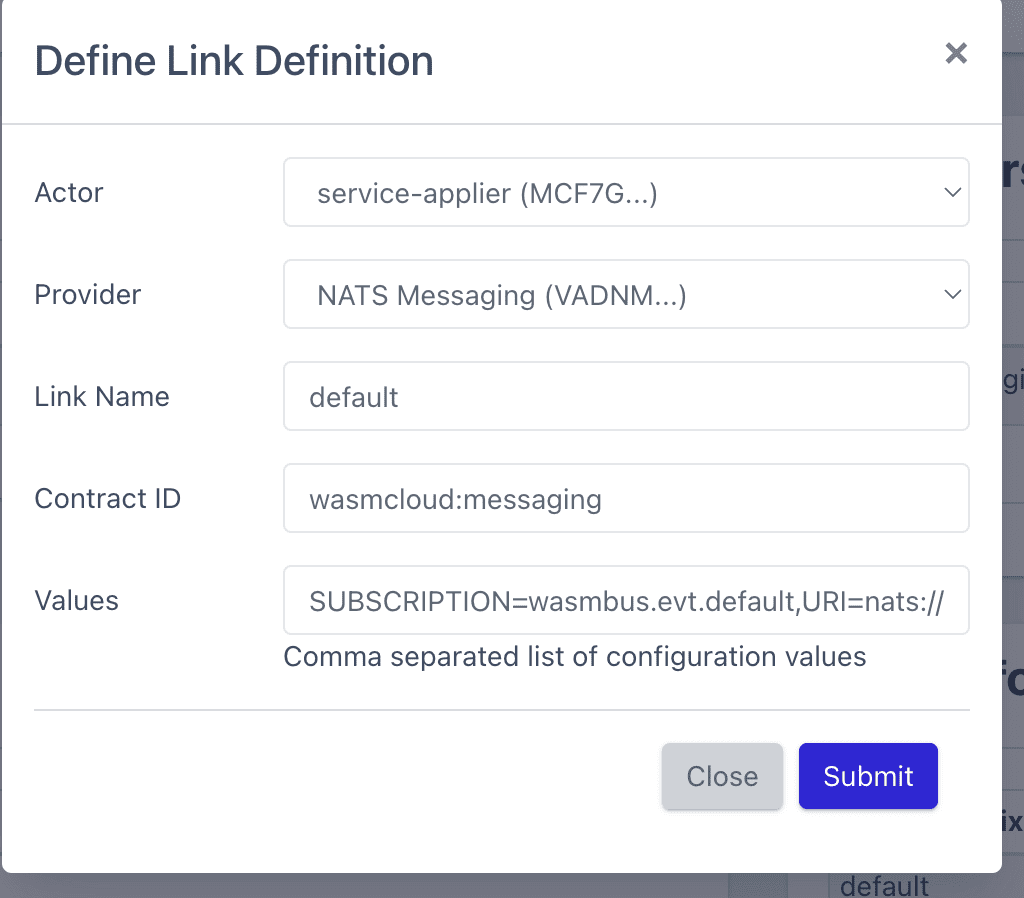 Screenshot showing Define Link Definition window, contract ID: wasmcloud:messaging