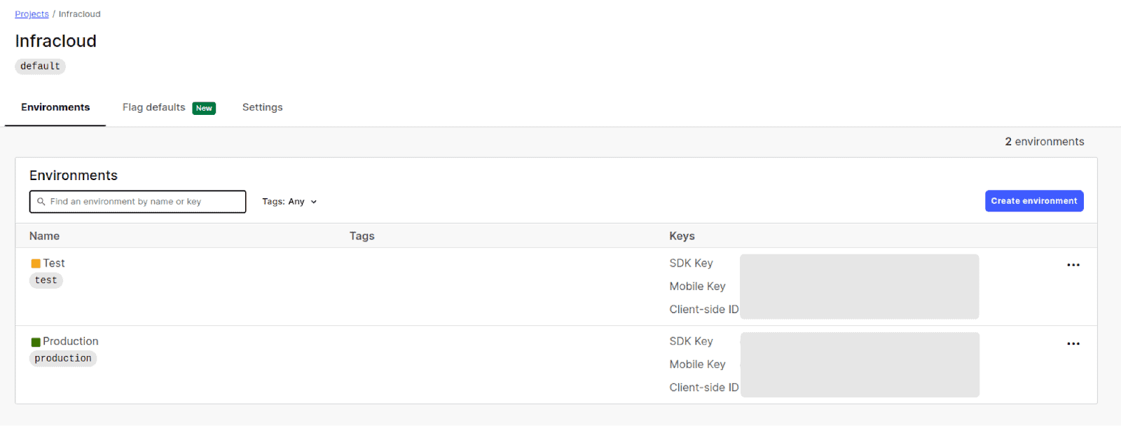 Screenshot showing infracloud project on environments page