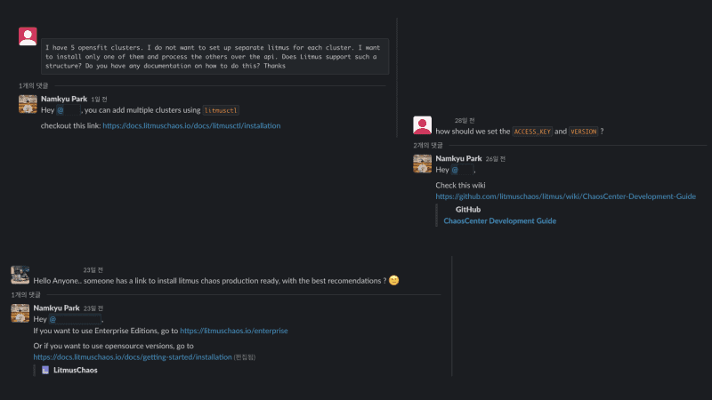 Screenshot of chats between Namkyu Park and Litmus Chaos member on Slack