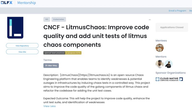 Screenshot of LFX Mentorship page - CNCF - LitmusChaos: Improve code quality and add unit tests of litmus chaos components