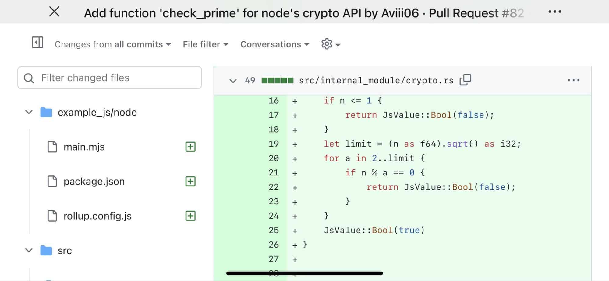 Screenshot showing add function 'check_prime' for node's crypto API code