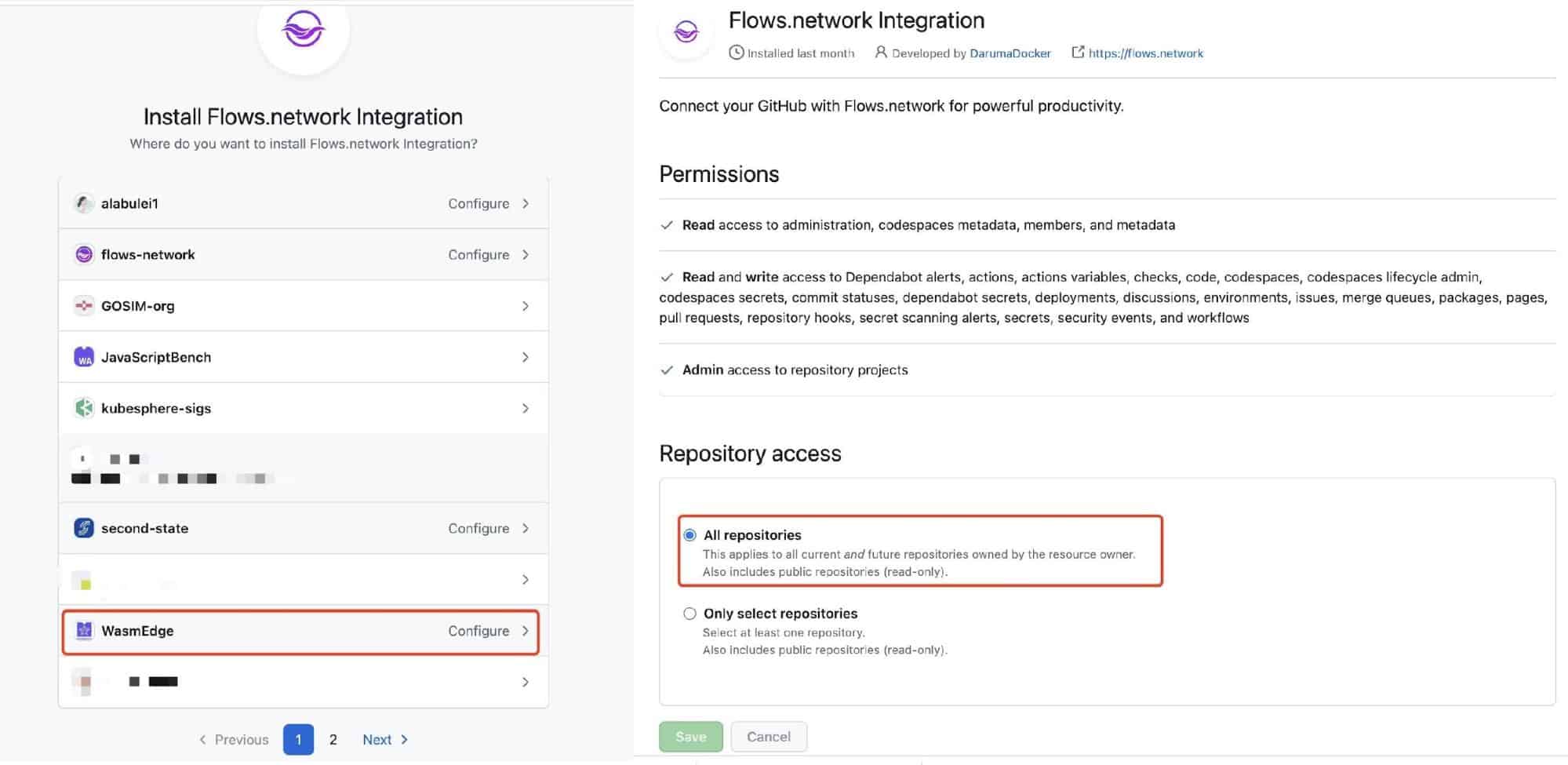 Screenshot showing Install Flows.network Integration page, highlight on WasmEdge and All repositories