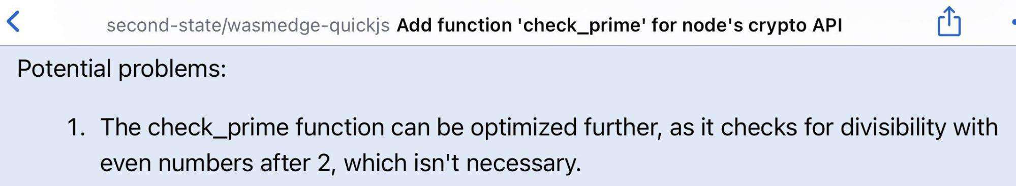 Screenshot showing Add function 'check_prime' for node's crypto API potential problems