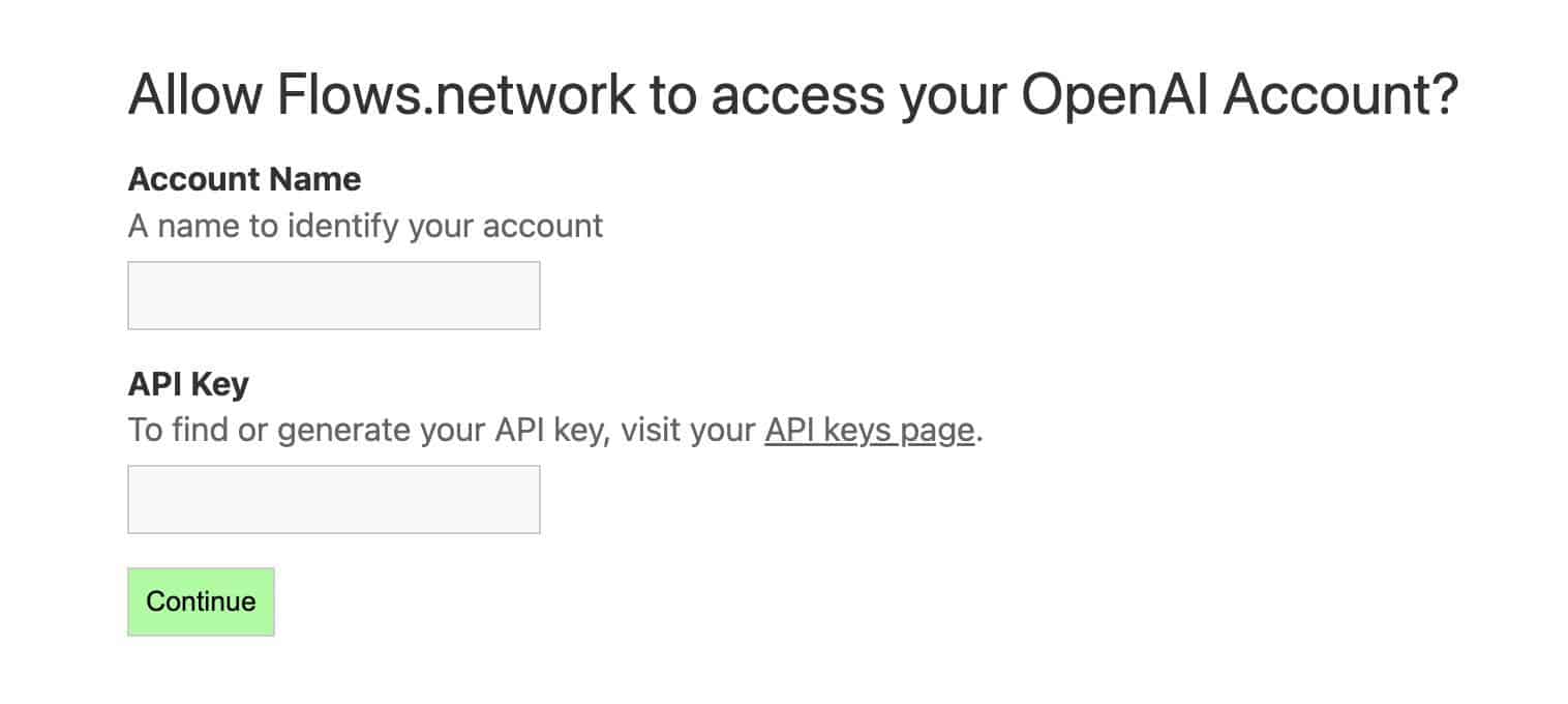 Screenshot showing Allow Flows.network to access your OpenAI Account page