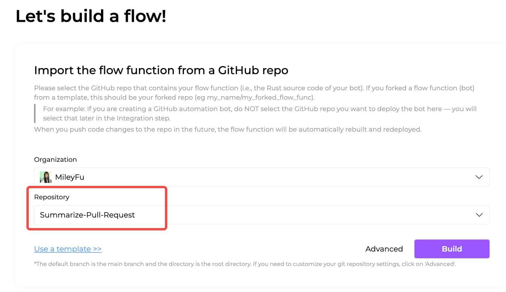 Screenshot showing Let's build a flow! page, highlighted on Repository: Summarize-Pull-Request