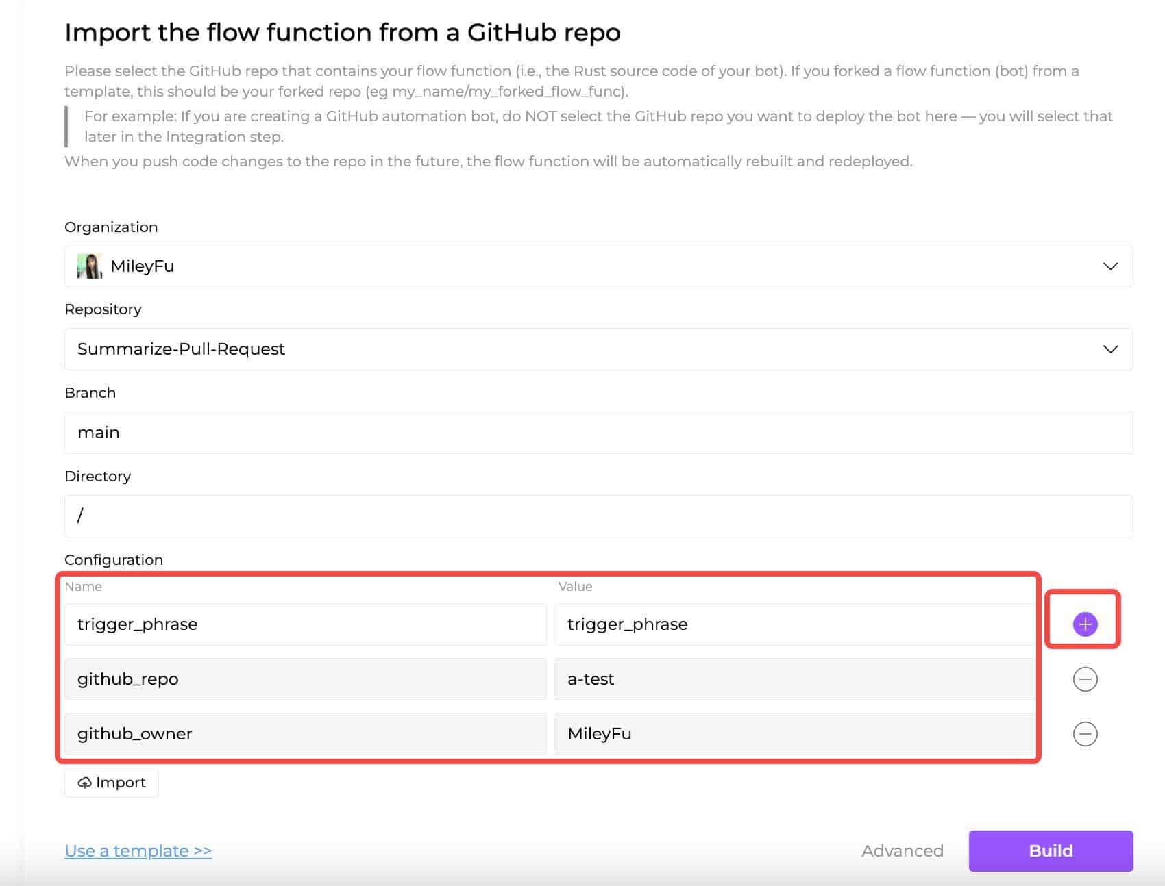 Screenshot showing Import the flow function from a GitHub repo page, highlighted on Name and Value column, and + symbol on the right hand side of the column