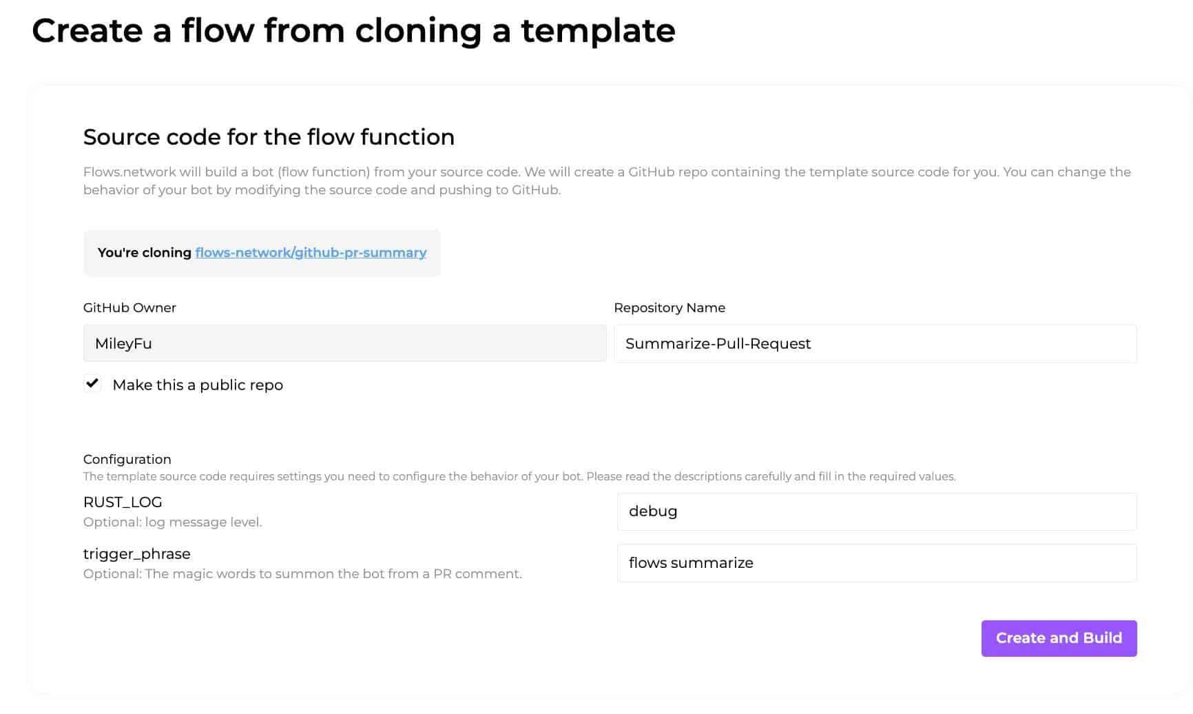 Screenshot showing create a flow from cloning a template page