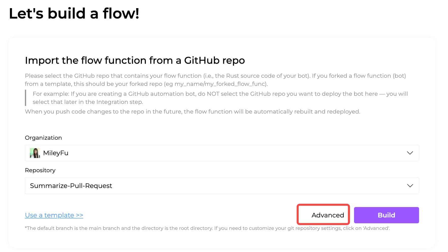 Screenshot showing Let's build a flow! page, highlighted on "Advanced"