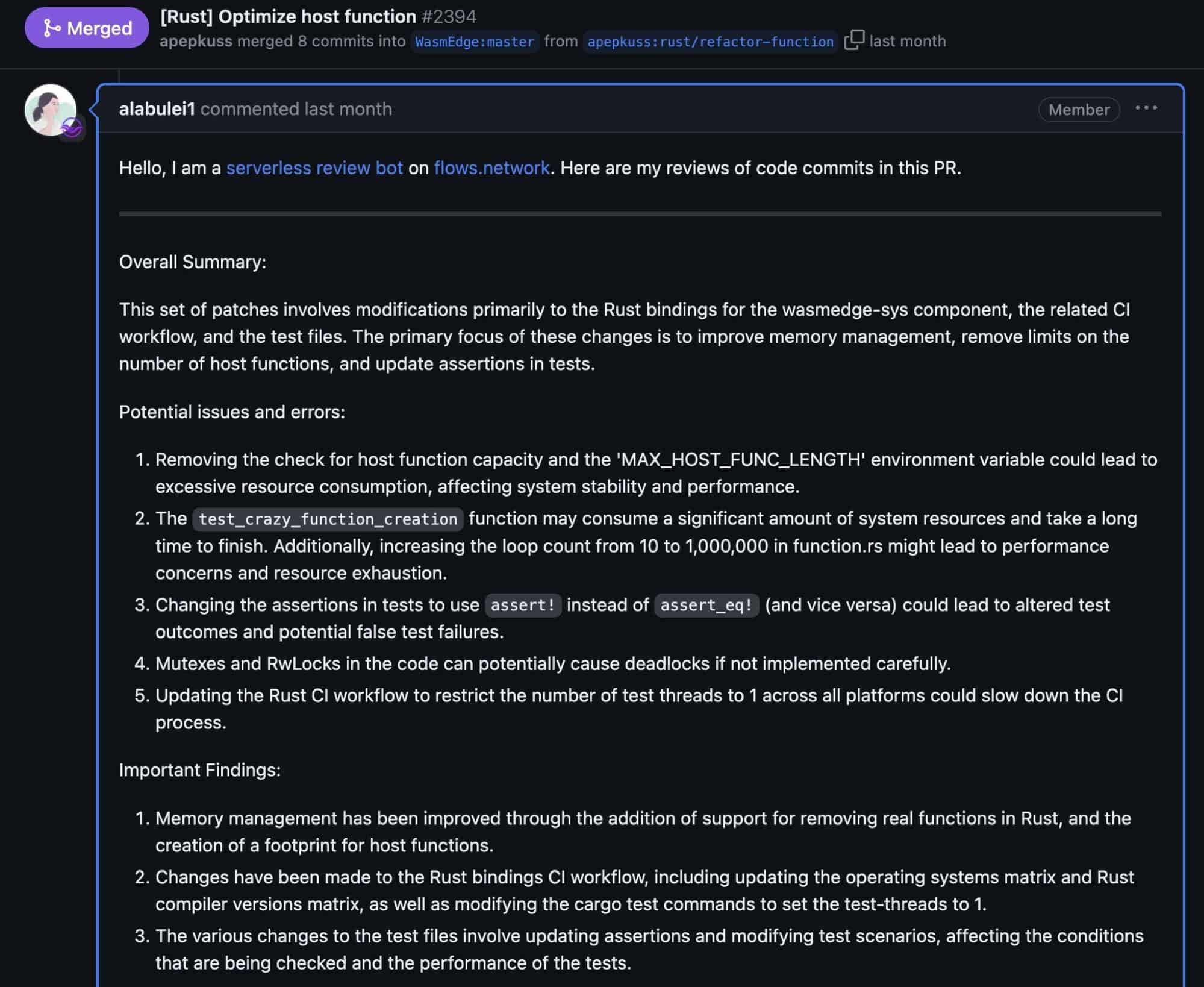 Screenshot showing alabulei1 review of code commits in Rust PR