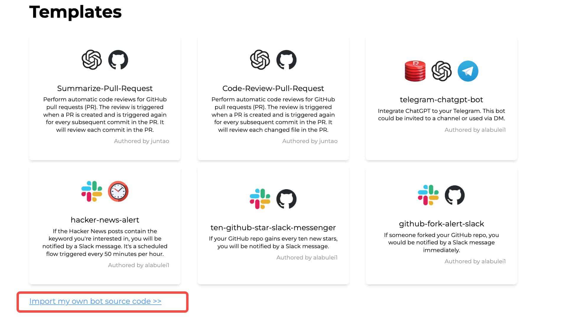 Screenshot showing Templates page, highlight on "Import my own bot source code>>"