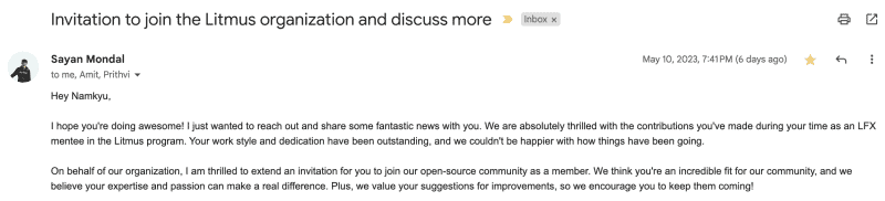 Screenshot showing email invitation to join the Litmus organization and discuss more from Sayan Modal to Nam KKu