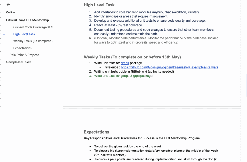 Screenshot showing LitmusChaos LFX Mentorship page - High Level Task