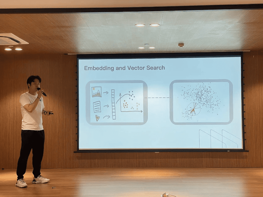 Li Chen speaks on stage, presenting "Embedding and Vector Search"