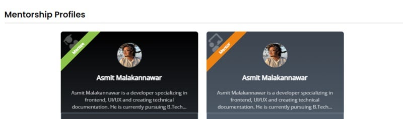 Screenshot showing mentorship profiles, Asmit Malakannawar is mentee and mentor