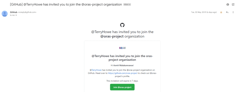 Screenshot showing GitHub invitation from @TerryHowe to join @oras-project organization
