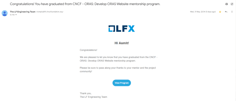 Screenshot showing graduation letter from The LF Engineering Team to Asmit "Congratulations! You have graduated from CNCF - ORAS: Develop ORAS Website mentorship program"