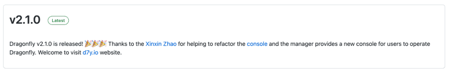 Announcement screenshot from Github mentioning "Dragonfly v2.1.0 is released!"