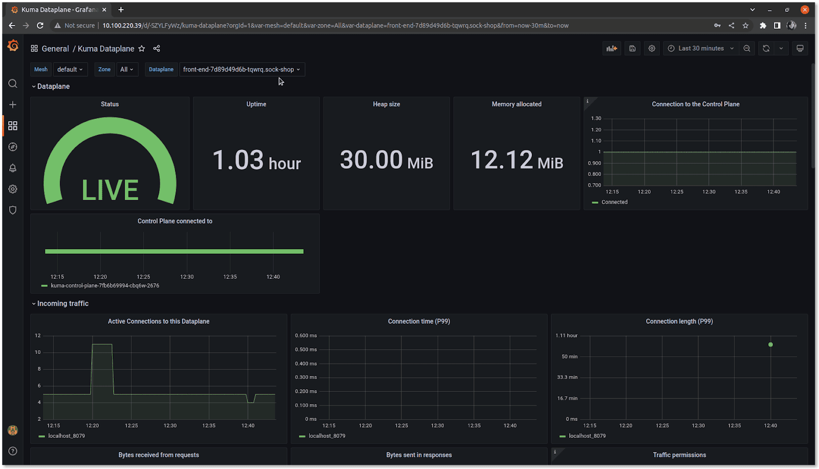 Screenshot showing Kuma Dataplane performance on Grafana