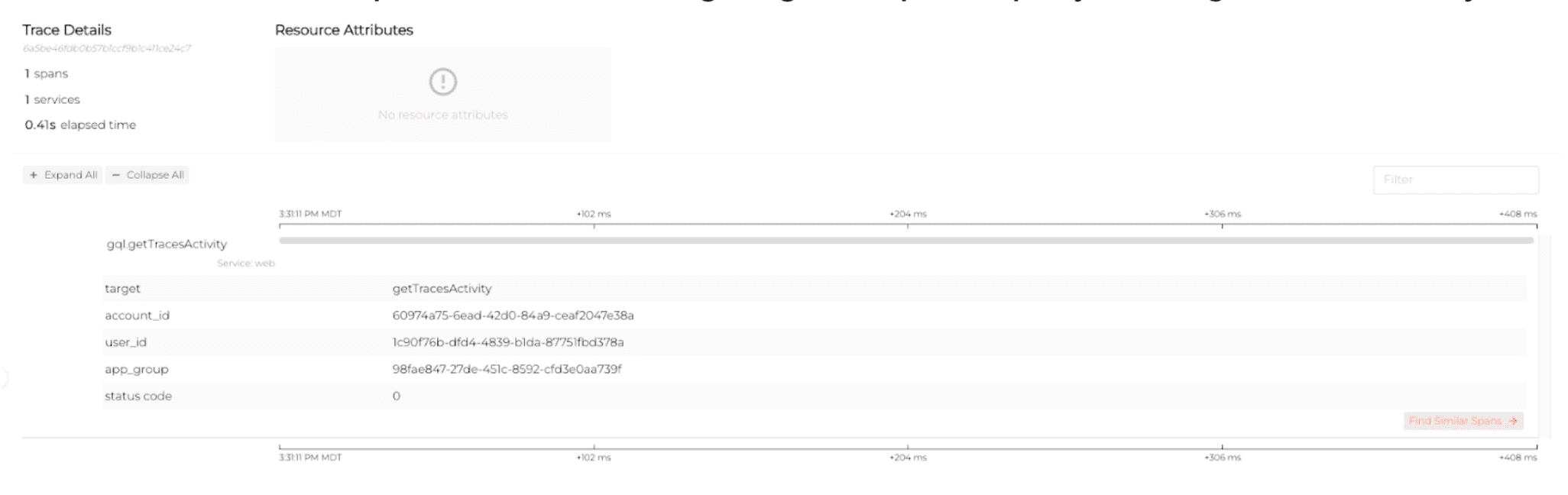 Screenshot showing Resource Attributes page on Trace Details