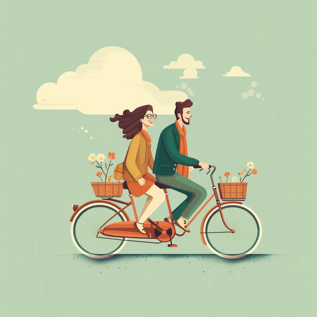 Illustration showing two people riding a bike happily with flower basket on the bike