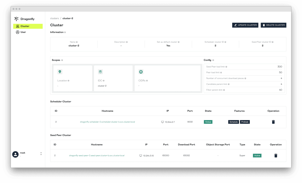 Screenshot showing Cluster-2 page on Dragonfly