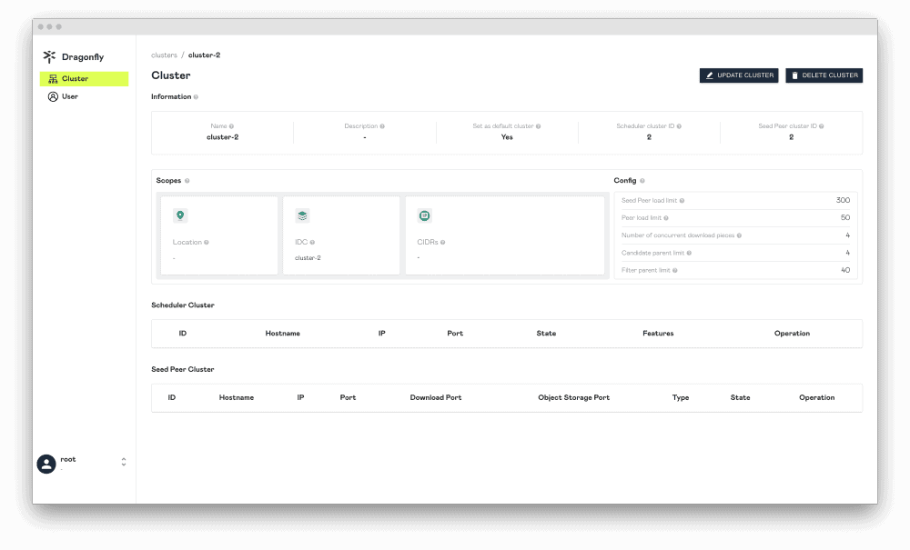 Screenshot showing Cluster-2 page on Dragonfly