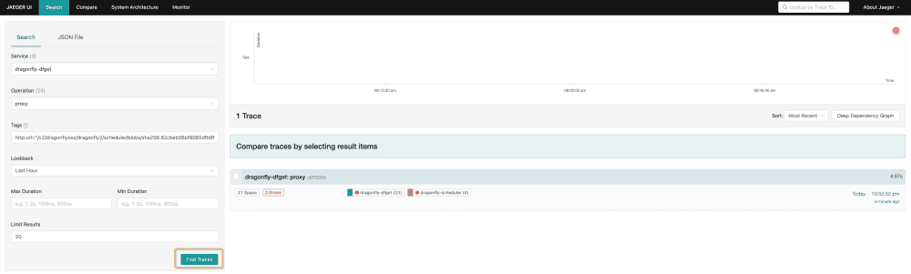 Screenshot showing dragonfly-dfget on Jaeger UI