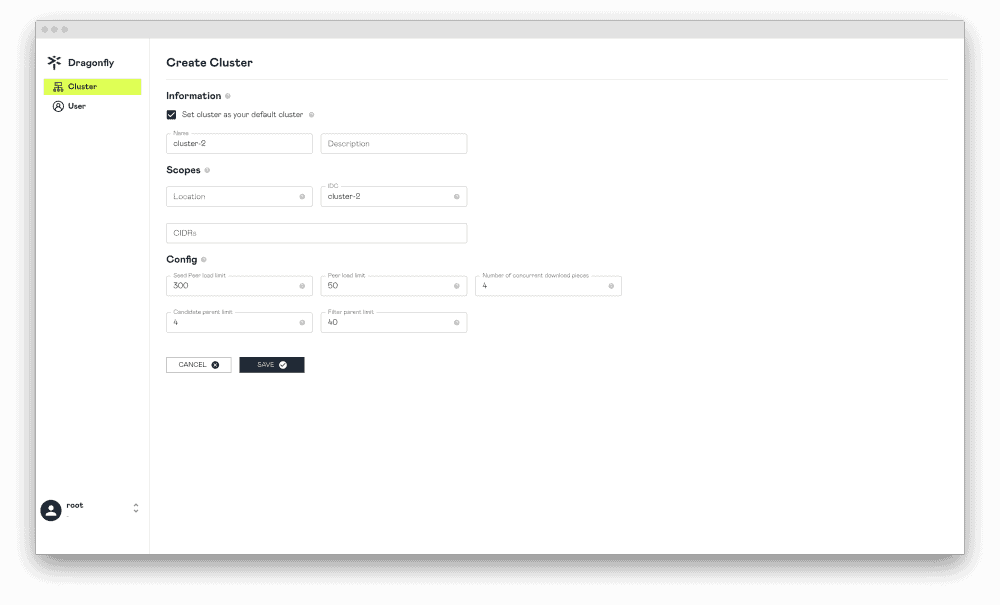 Screenshot showing Create Cluster page on Dragonfly