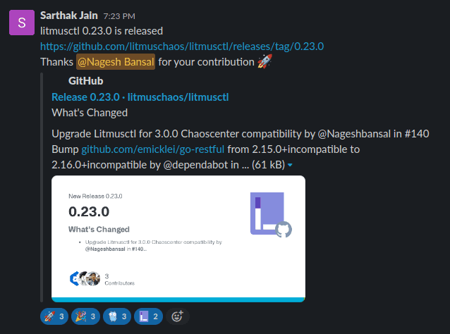 Screenshot showing slack conversation of Sarthak Jahn announcing litmusctl 0.23.0 is released and congratulate Nagesh Bansal for his contribution