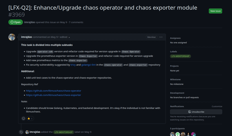 Screenshot showing [LFX-Q2]: Enhance/Upgrade chaos operator and chaos exporter module on github