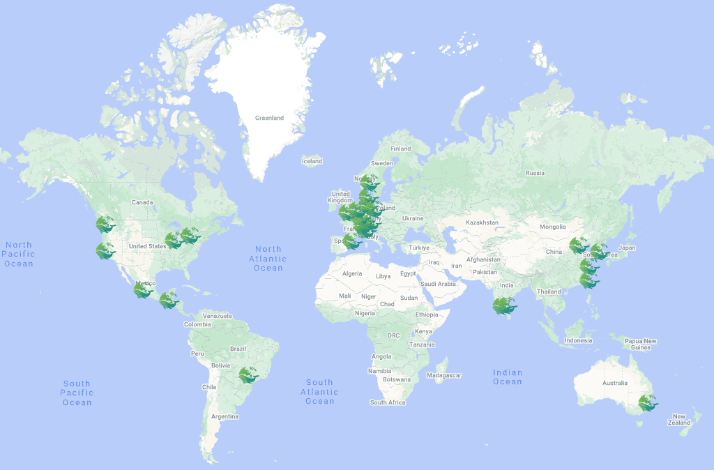 Visual representation of all the Cloud Native Sustainability Week local meetups.