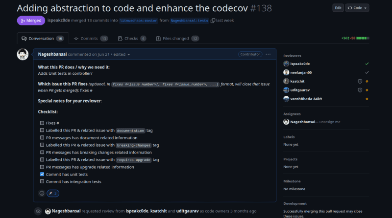 Screenshot showing Nageshbansal comment on github for "Adding abstraction to code and enhance the codecov #138"