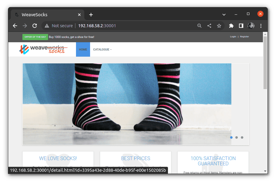 Screenshot showing weavesocks front end page to verify application