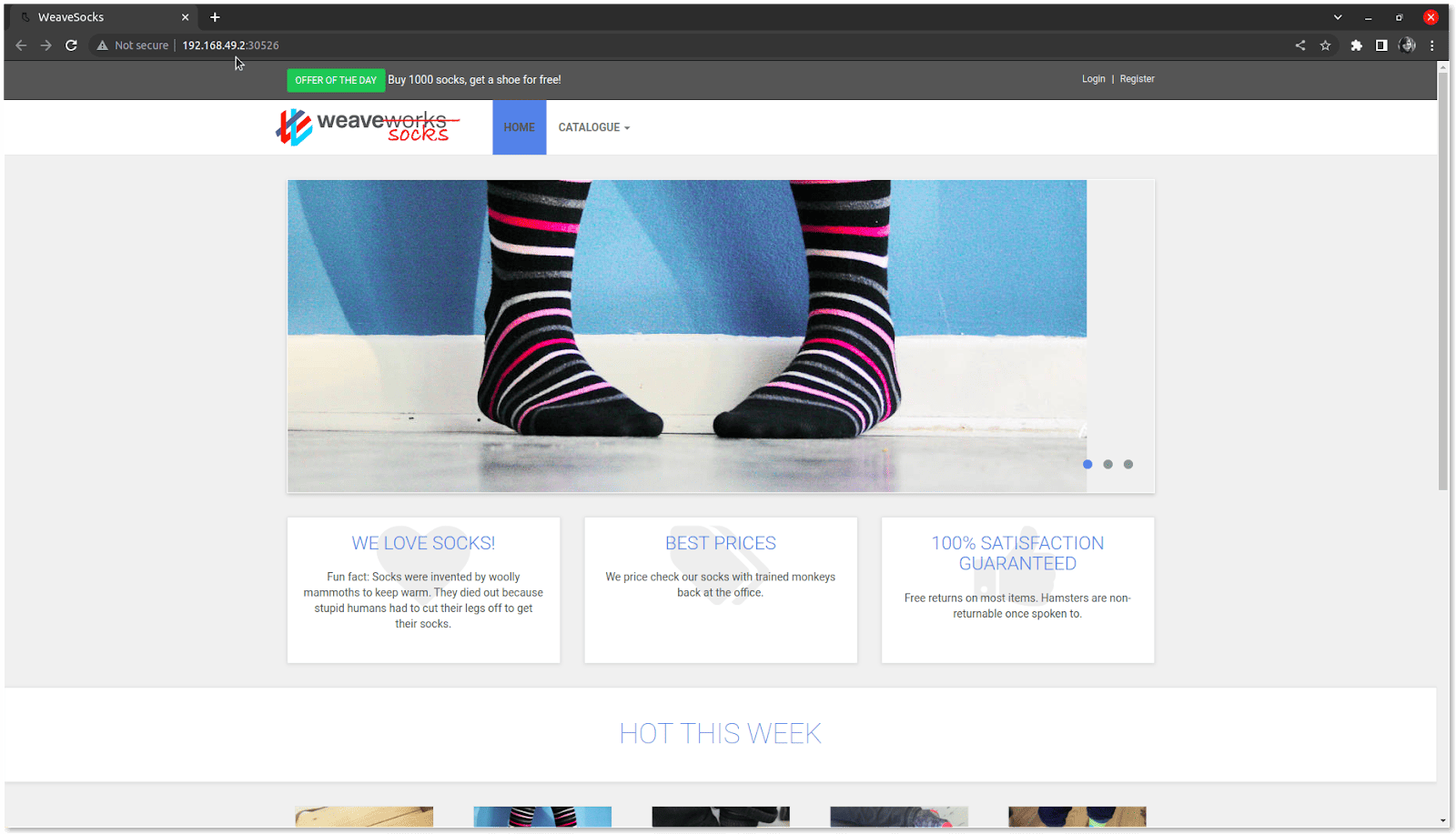 Screenshot showing weavesocks front end page to verify in browser